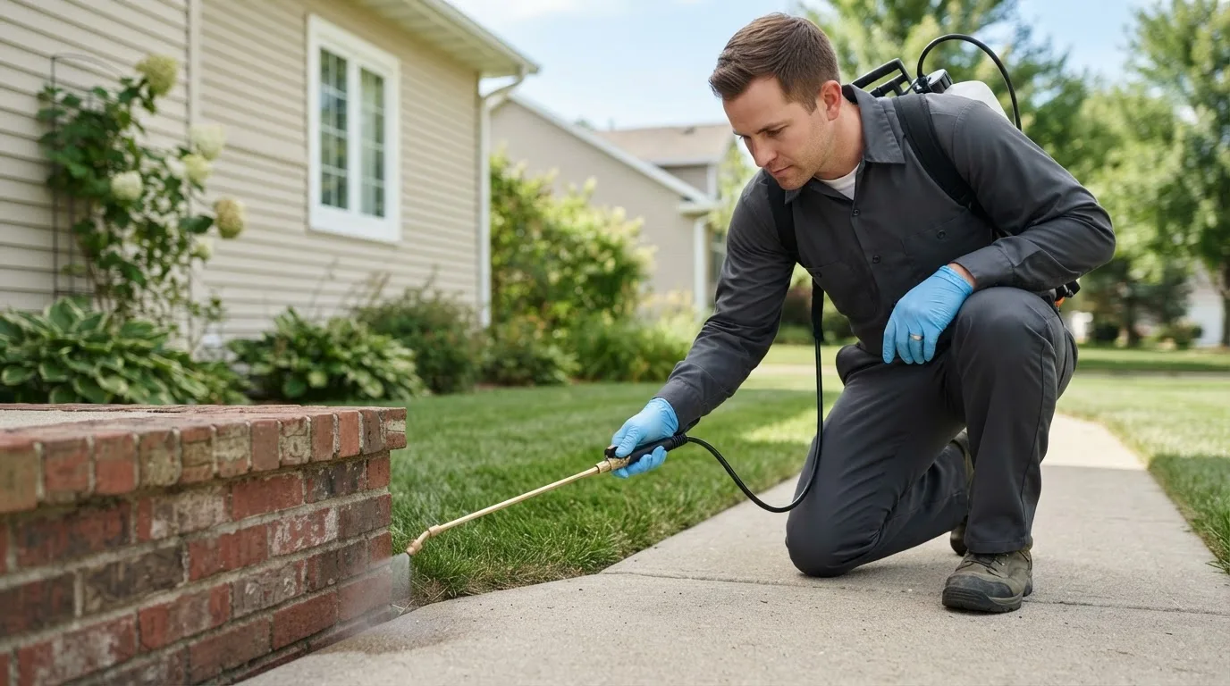 Pest control technician treating a home near Siloam Springs, AR